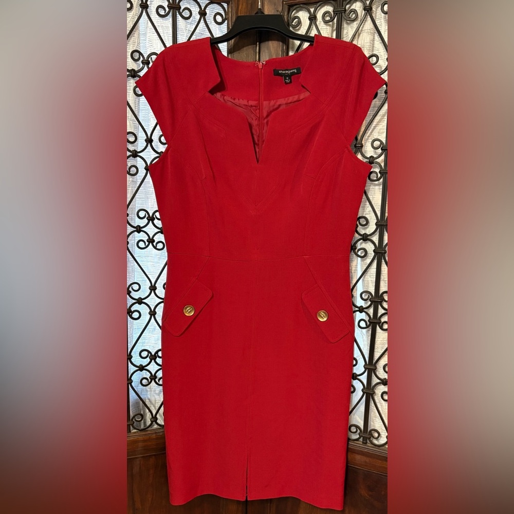 Sharagano Chic Red Midi Dress with Button Details